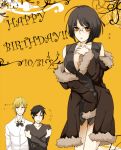  2boys amau amau_(artist) bare_shoulders black_hair blonde_hair bob_cut breasts brown_eyes coat durarara!! glasses happy_birthday heiwajima_shizuo large_breasts multiple_boys orihara_izaya short_hair sleeves_past_wrists sonohara_anri vest 