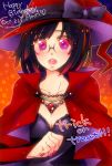  blush bob_cut bow breasts cape cleavage collarbone durarara!! glasses glowing glowing_eyes halloween happy_birthday hat jewelry konoko_(artist) necklace open_mouth purple_eyes short_hair solo sonohara_anri star star-shaped_pupils symbol-shaped_pupils trick_or_treat violet_eyes witch_hat 
