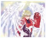  agachi ahoge angel_wings barnaby_brooks_jr blonde_hair closed_eyes eyelashes eyes_closed fantasy feathers light_particles male power_armor power_suit solo sparkle superhero tiger_&amp;_bunny wings 