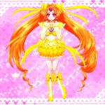  boots bow brooch bubble_skirt choker circlet cure_muse cure_muse_(yellow) dress frills gathers hair_ribbon heart jewelry long_hair magical_girl musical_note nontans orange_hair pink_background pink_eyes precure ribbon ruffles shirabe_ako smile solo sparkle suite_precure 
