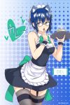 1girl absurdres alternate_costume animal_ears apron bare_shoulders black_garter_belt blue_eyes blue_hair bow breasts cat_ears ciel enmaided garter_straps glasses highres kemonomimi_mode maid maid_apron maid_headdress oceanbellereine short_hair sleeveless solo thigh-highs tray tsukihime waist_apron