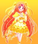  :d boots bow brooch bubble_skirt character_name choker circlet cure_muse cure_muse_(yellow) dress frills gathers hair_ribbon happy heart highres jewelry light_particles long_hair magical_girl open_mouth orange_(color) orange_background orange_hair precure red_eyes ribbon ruffles shirabe_ako smile solo sparkle star suite_precure touma_(halcyon13) yellow_dress 