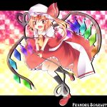  aru16 ascot blonde_hair bow checkered checkered_background dress flandre_scarlet hat highres open_mouth red_eyes ribbon short_hair side_ponytail smile solo the_embodiment_of_scarlet_devil touhou wings 