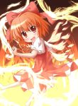  achi_cirno alternate_color alternate_element barefoot cirno fire hair_ribbon open_mouth red_eyes red_hair redhead ribbon short_hair solo touhou yuya_(minus-k) 