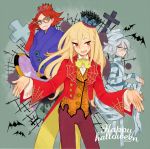  3boys afuro_terumi bandage bandages bat blonde_hair blue_eyes costume cross crown formal glasses grey_background halloween happy_halloween inazuma_eleven inazuma_eleven_(series) l_hakase long_hair multiple_boys mummy nagumo_haruya red_eyes red_hair redhead short_hair suit suzuno_fuusuke very_long_hair 