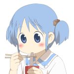  blue_eyes blue_hair chopsticks eating face food hair_cubes hair_ornament hands mihune naganohara_mio nichijou school_uniform short_hair short_twintails solo twintails 