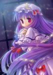  book constellation crescent dress hair_ribbon hat highres holding long_hair looking_at_viewer looking_back night patchouli_knowledge purple_eyes purple_hair ribbon silver15 sky solo star_(sky) touhou very_long_hair violet_eyes window 