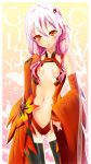  ayakichi bare_shoulders black_legwear blush breasts center_opening elbow_gloves fingerless_gloves gloves guilty_crown hair_ornament hairclip long_hair looking_at_viewer navel orange_eyes pink_hair solo thigh-highs thighhighs twintails yuzuriha_inori 