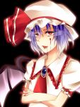  aru16 bad_id bat_wings blood blue_hair bow bust crossed_arms dress fang highres open_mouth red_eyes remilia_scarlet ribbon short_hair simple_background solo touhou wings 