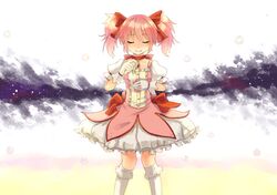  bow bubble bubble_skirt closed_eyes eyes_closed gloves hair_bow hiiragi_shou kaname_madoka kneehighs magical_girl mahou_shoujo_madoka_magica pink_hair ribbon short_hair short_twintails smile solo straw twintails 