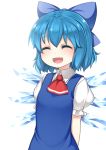  arms_behind_back ascot blue_dress blue_hair bow bust cirno closed_eyes dress eyes_closed hair_bow highres ice ice_wings nakamura_kusata open_mouth short_hair simple_background smile solo touhou white_background wings 