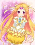  bow brooch bubble_skirt chiroru_(7450n) circlet cure_muse cure_muse_(yellow) dress frills gathers hair_ribbon heart jewelry long_hair magical_girl mouth_hold orange_hair precure purple_background purple_eyes ribbon ruffles shirabe_ako smile solo suite_precure violet_eyes yellow_dress 