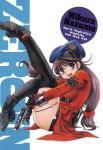  black_legwear blue_eyes boots breasts bren_ten brown_hair character_name cover cover_page flexible gloves gun hat highres holster inoue_sora jacket leg_band long_hair low-tied_long_hair magazine_(weapon) manga miniskirt nazume_mikuru official_art open_mouth peaked_cap pinky_out pistol ported_barrel red_jacket sitting skirt solo thigh-highs thighhighs title_drop twintails uniform weapon zero_in 