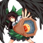  arm_cannon black_hair bow brown_hair hair_bow long_hair puresso red_eyes reiuji_utsuho simple_background solo touhou weapon wings 