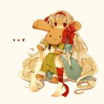  1girl barefoot blonde_hair chomachi dress hug kagerou_project long_hair mary_(kagerou_project) rabbit red_eyes ribbon souzou_forest_(vocaloid) stuffed_animal stuffed_toy 