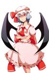  aru16 bat_wings blue_hair bow crossed_arms dress frown hat highres red_eyes remilia_scarlet ribbon short_hair simple_background solo touhou wings 