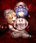  2girls blonde_hair blood blush choker cross flandre_scarlet hand_under_clothes hand_under_skirt hat multiple_girls purple_hair red_eyes remilia_scarlet rikkido short_hair skirt skirt_set touhou wings 