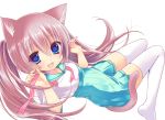  amanagi_seiji animal_ears blue_eyes brown_hair cat_ears cat_tail dress long_hair looking_back looking_up open_mouth original ribbon simple_background solo tail thigh-highs thighhighs twintails white_legwear 