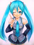  aqua_eyes aqua_hair ascot bad_id detached_sleeves female hand_on_hip hatsune_miku hips kakan_(a-game) long_hair necktie pointing skirt smile solo twintails vocaloid wink 