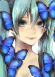  aqua_eyes aqua_hair butterfly face hair_between_eyes hatsune_miku long_hair portrait smile solo twintails vocaloid 