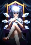  blue_eyes blue_hair cirno crossed_legs frog frozen highres ice legs_crossed light looking_at_viewer otaku_(artist) short_hair sitting smile solo throne touhou wings 