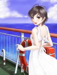  :d antenna_hair black_hair blush cloud dress from_behind highres looking_at_viewer looking_back ocean open_mouth original phazer railing red_eyes short_hair sky smile solo 