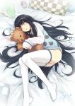  blue_eyes feet highres kami-sama_no_memo-chou legs long_hair long_legs lying on_side shionji_yuuko solo stuffed_animal stuffed_toy thigh-highs thighhighs thighs very_long_hair white_legwear wink x-boy 