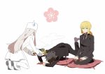  ahoge androgynous black_hair blonde_hair boots emiya_kiritsugu fate/stay_night fate/zero fate_(series) flat_gaze formal irisviel_von_einzbern long_hair morinaga777 multiple_girls necktie pant_suit pantyhose ponytail red_eyes reverse_trap saber seiza sitting suit sweatdrop tea thigh_boots thighhighs tomboy white_hair 