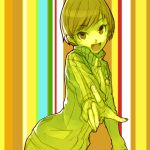  1girl open_mouth persona persona_4 pointing satonaka_chie shirabi_(life-is-free) short_hair smile solo striped striped_background track_jacket 