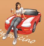  bangle blue_eyes bracelet breasts brown_hair car casual convertible daniel_macgregor dark_skin front-tie_top jewelry large_breasts midriff motor_vehicle pants paper_cup pun shirt shoes simple_background sleeves_rolled_up smile sneakers suzuki suzuki_cappuccino tied_shirt vehicle 