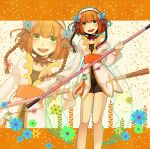  bike_shorts bow braid brown_hair clothed_navel coat detached_collar flower green_eyes hair_flower hair_ornament hair_ribbon hairband leia_roland naomi_(miette) navel ribbon rod short_hair smile solo star tales_of_(series) tales_of_xillia twin_braids zoom_layer 