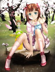  amami_haruka arm_support blue_eyes brown_hair cherry_blossoms footwear hair_ribbon heart highres idolmaster jewelry looking_at_viewer necklace nonowa off_shoulder panties pantyshot pantyshot_(sitting) pantyshot_sitting petals pink_legwear ribbon short_hair sitting skirt smile socks solo underwear white_panties zi-dabu 