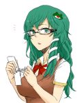  bespectacled face glasses go-m green_eyes green_hair hair_ornament hands kochiya_sanae long_hair note_cards open_mouth school_uniform sketch snake solo sweater_vest touhou vest 
