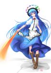 blue_hair boots food fruit hat highres hinanawi_tenshi inu3 long_hair long_skirt peach red_eyes skirt solo sword sword_of_hisou touhou very_long_hair weapon