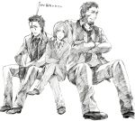  beard bob_cut crossed_arms crossed_legs facial_hair fate/stay_night fate/zero fate_(series) formal lancer_(fate/zero) legs_crossed male mole monochrome multiple_boys necktie nervlish polearm rider_(fate/zero) short_hair sitting spear suit translation_request waver_velvet weapon 