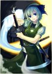  arm_up bad_id blue_eyes bowtie hair_ribbon hairband highres hitodama katana konpaku_youmu konpaku_youmu_(ghost) kote_(tures) pose ready_to_draw ribbon short_hair silver_hair skirt skirt_set solo sword touhou vest weapon 