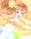  1girl :d bow brown_hair choker circlet cure_muse cure_muse_(yellow) foreshortening hair_ribbon happy heart instrument kana_(okitasougo222) long_hair magical_girl open_mouth piano precure red_eyes ribbon shirabe_ako smile solo suite_precure 