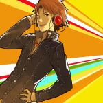  brown_eyes brown_hair hanamura_yousuke hand_on_headphones hand_on_hip headphones hips male open_mouth persona persona_4 school_uniform shirabi_(life-is-free) short_hair solo 