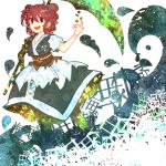  absurdres arm_up bad_id breasts dress hair_bobbles hair_ornament highres looking_at_viewer obi onozuka_komachi open_mouth red_eyes red_hair redhead ringetsumon scythe short_hair skirt smile solo touhou twintails 