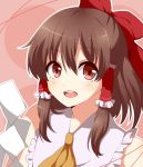  ascot bow brown_hair bust gohei hair_bow hair_tubes hakurei_reimu open_mouth red_eyes sakuraba_hinano smile solo touhou 