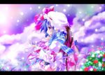  bat_wings blue_hair blush dress fang flower hat hat_ribbon letterboxed open_mouth pink_dress pink_eyes pocket_watch remilia_scarlet ribbon scarf shunsuke smile snowing solo touhou watch wings 