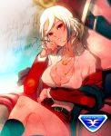  breasts crossed_legs earrings garamgum genderswap gouenji_shuuya inazuma_eleven inazuma_eleven_(series) inazuma_eleven_go jewelry large_breasts legs_crossed long_hair multicolored_hair sitting white_hair 