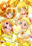  :d blonde_hair blush bow brown_eyes brown_hair choker circlet color_connection cure_lemonade cure_muse cure_muse_(yellow) cure_pine cure_sunshine earrings fresh_precure! hair_ribbon happy heart heartcatch_precure! jewelry kasugano_urara kurogane_(majesticrune) long_hair magical_girl multiple_girls myoudouin_itsuki open_mouth orange_hair precure puffy_sleeves red_eyes ribbon shirabe_ako short_hair smile suite_precure twintails yamabuki_inori yellow yellow_background yellow_eyes yes!_precure_5 