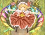 ascot bag blonde_hair bunchou_(bunchou3103) dirty dress flandre_scarlet grass open_mouth outstretched_arms rainbow_order red_dress red_eyes shoulder_bag side_ponytail smile solo the_embodiment_of_scarlet_devil touhou wings 