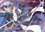  1girl armor beard couple facial_hair gloves headband honda_tadakatsu_(horizon) hug kazuno_(horizon) kyoukai_senjou_no_horizon lens_flare long_hair manly mustache pink_eyes polearm purple_hair short_hair spear tori_(amadok79) weapon white_hair yuu_(amadoki) 