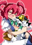  blue_eyes blush breast_smother breasts eromame fang green_hair hair_bobbles hair_ornament hat hug multiple_girls onozuka_komachi open_mouth red_hair redhead shikieiki_yamaxanadu short_hair short_twintails smile touhou twintails wavy_mouth 