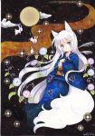  animal_ears bunny cloud flower long_hair moon mosho original rabbit solo star tail traditional_media white_hair 