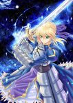  ahoge armor armored_dress artoria_pendragon_(all) blonde_hair dress excalibur fate/grand_order fate/stay_night fate_(series) faulds gauntlets glowing glowing_sword glowing_weapon green_eyes hair_ribbon narendo puffy_sleeves ribbon saber solo sword weapon 