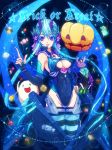  2010 blue_eyes blue_hair bodysuit breasts candy checkerboard_cookie chun2_(naganaga-akuma) cleavage cookie dated elbow_gloves fingerless_gloves food gloves hair_ornament highleg horns jack-o&#039;-lantern jack-o'-lantern leotard lollipop long_hair original pumpkin solo thigh-highs thighhighs trick_or_treat wings 