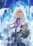  1girl absurdres blue_eyes cave crown detached_sleeves dress elf flower frozen hair_flower hair_ornament highres ice icicle kingchenxi original pointy_ears ribbon sitting sleeves_past_wrists solo thighhighs tusks white_hair white_legwear 